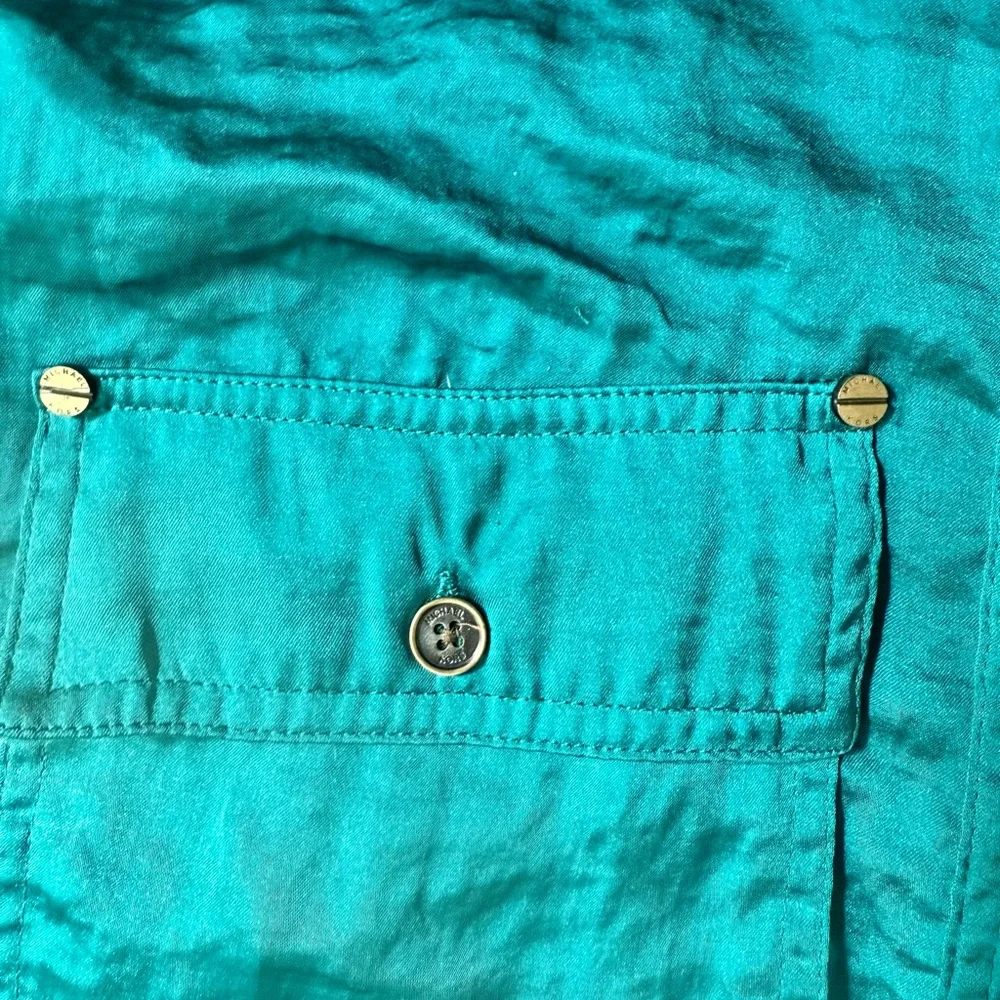 Michael Kors Blue-Green Teal Button Up Utility Shirt Top | Vintage Sheer Blouse - Picture 12 of 13